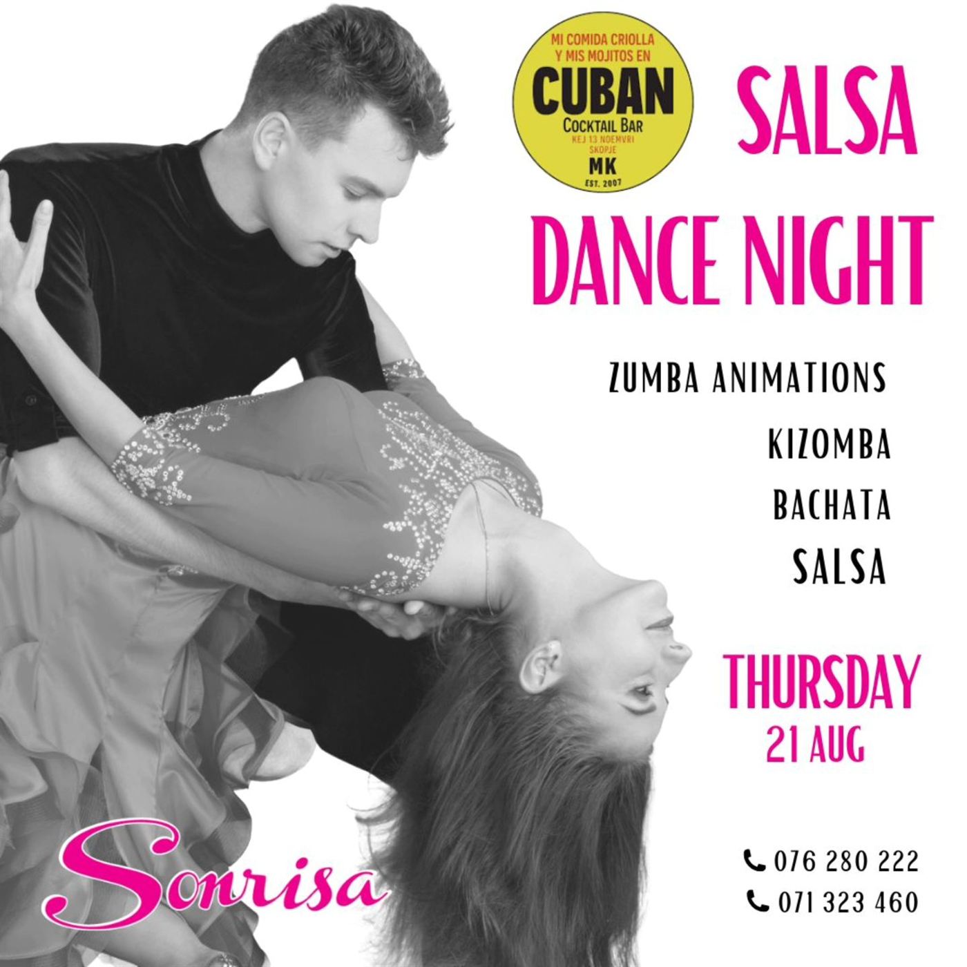 Промо-слика за Salsa Dance Night на Сонриса во Cuban Cocktail Bar, 21.08.2025